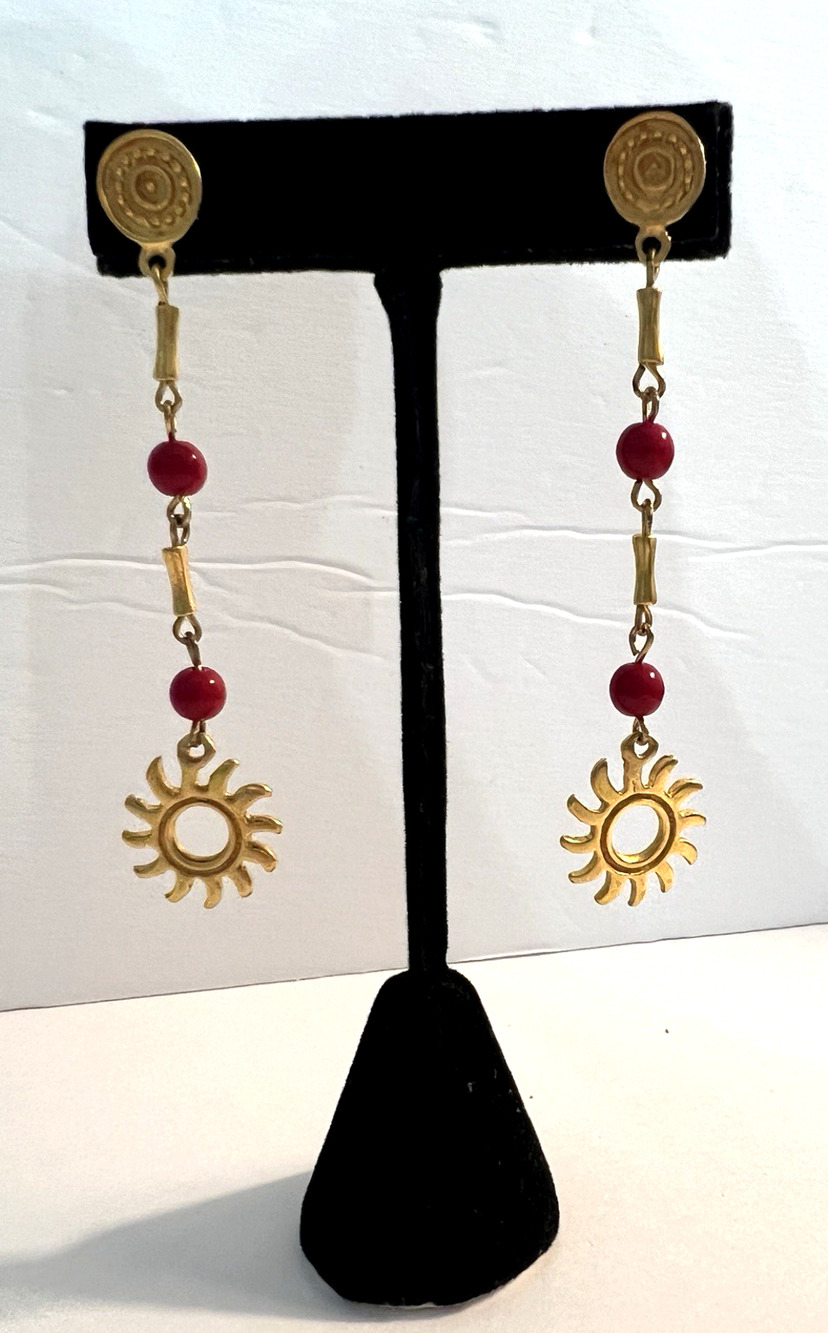 Sun & Moon Earrings Long Dangle w/ Red Beads Gold Tone Celestial Vintage
